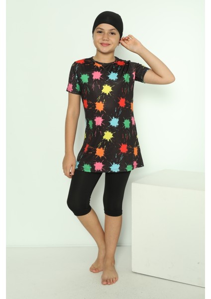 Boneli 3 Parça Desenli Mayo Bone Tayt Şort Hızlı Kuruma Özellikli Kız Çocuk Mayo modelleri