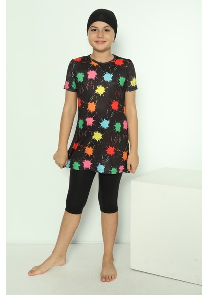 Boneli 3 Parça Desenli Mayo Bone Tayt Şort Hızlı Kuruma Özellikli Kız Çocuk Mayo fırsatları