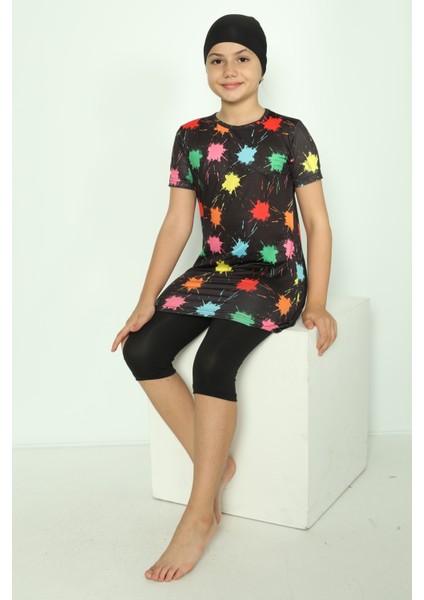 Boneli 3 Parça Desenli Mayo Bone Tayt Şort Hızlı Kuruma Özellikli Kız Çocuk Mayo