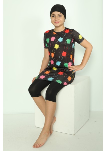 Boneli 3 Parça Desenli Mayo Bone Tayt Şort Hızlı Kuruma Özellikli Kız Çocuk Mayo