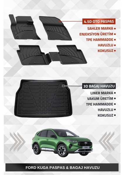Ford Kuga 2020+ Uyumlu 4.5d Premium Havuzlu Oto Paspas ve Liner Marka 3D Bagaj Havuzu