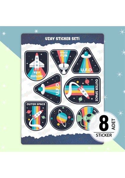 Uzay Sticker Seti, Astronot Sticker, 8 Adet Uzay Etiket