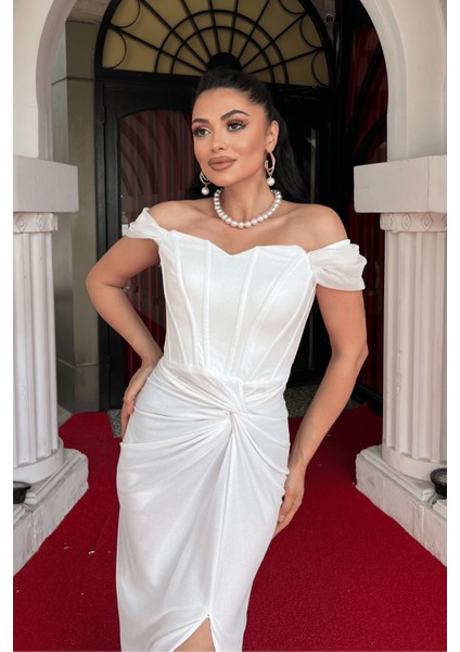 Simli Tül Kumaş Büzgü Detaylı Abiye Elbise - Beyaz modelleri