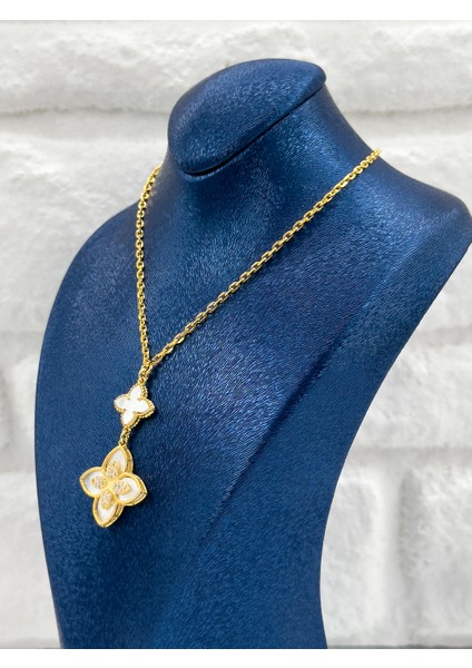 Gold Renk Tasarım Sedef Taşlı Kadın Gümüş Kolye