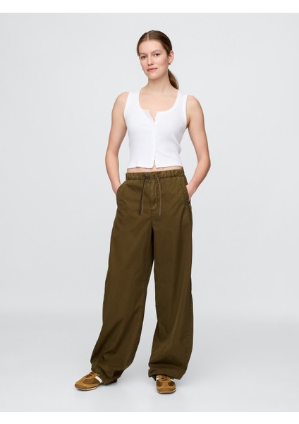 Kadın Koyu Yeşil Mid Rise Barrel Paraşüt Pantolon