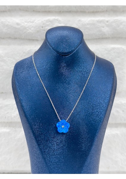 Mavi Opal Papatya Model Kadın Gümüş Kolye - Papatya Kolye