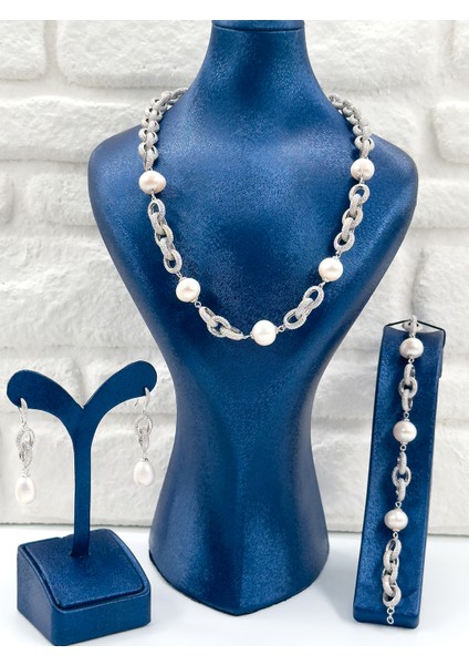 Özel Tasarım Incili 3'lü Kadın Gümüş Set - Kolye Seti