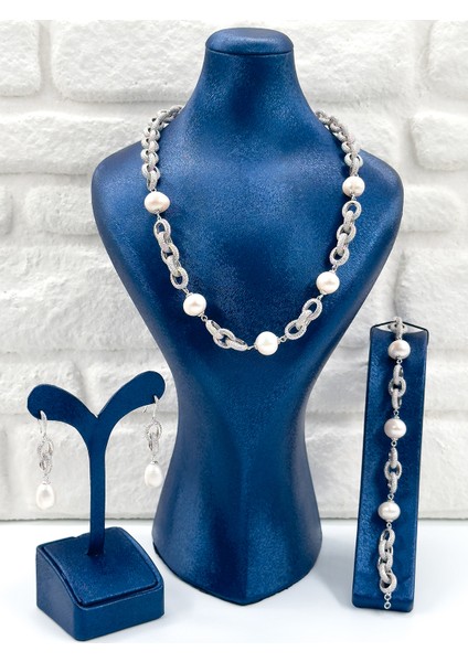 Özel Tasarım Incili 3'lü Kadın Gümüş Set - Kolye Seti fiyatları