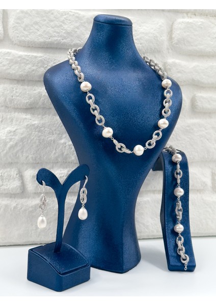 Özel Tasarım Incili 3'lü Kadın Gümüş Set - Kolye Seti modelleri