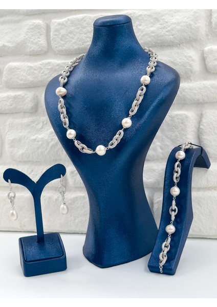 Özel Tasarım Incili 3'lü Kadın Gümüş Set - Kolye Seti fırsatları