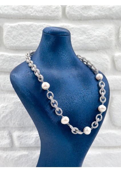 Özel Tasarım Incili 3'lü Kadın Gümüş Set - Kolye Seti