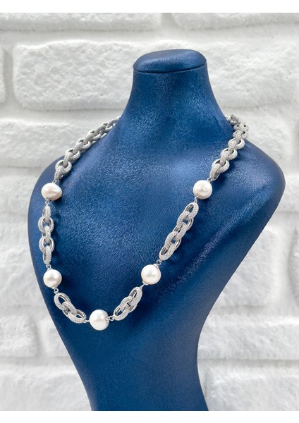 Özel Tasarım Incili 3'lü Kadın Gümüş Set - Kolye Seti