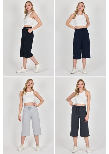 Yüksek Bel Cepli Rahat Kesim Mevsimlik Kadın Diz Altı 4'lü Bermuda Siyah-Lacivert-Gri-Antrasit Kapri Şort