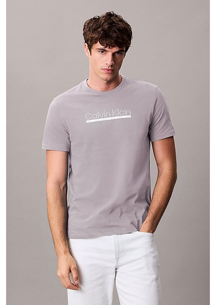 Erkek Kontur Grafik Baskılı T-Shirt - Gri