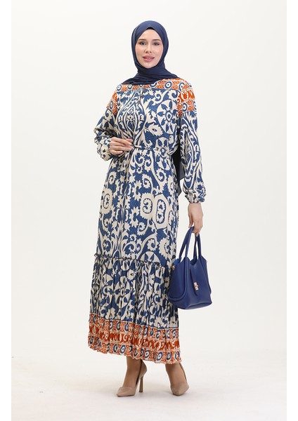 Amelya Farbalı Kuşaklı Viskon Elbise S-M-L-Xl Beden 4588AB-03 Indigo