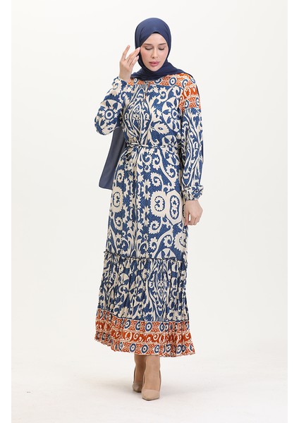 Amelya Farbalı Kuşaklı Viskon Elbise S-M-L-Xl Beden 4588AB-03 Indigo fiyatları