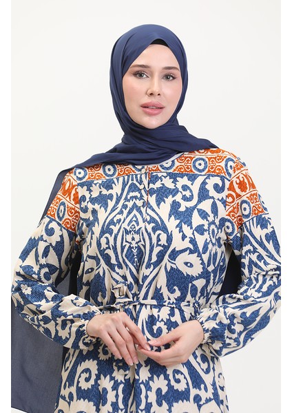 Amelya Farbalı Kuşaklı Viskon Elbise S-M-L-Xl Beden 4588AB-03 Indigo modelleri