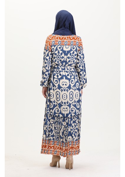 Amelya Farbalı Kuşaklı Viskon Elbise S-M-L-Xl Beden 4588AB-03 Indigo indirimleri
