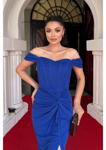 Simli Tül Kumaş Büzgü Detaylı Abiye Elbise - Saks Mavi modelleri