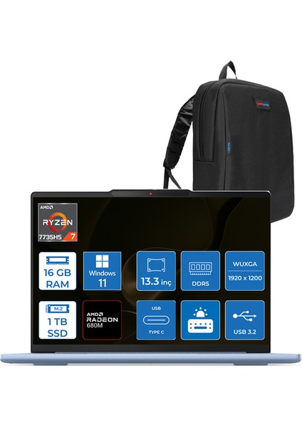 Ideapad Slim 5 Amd Ryzen 7 7735HS 16GB LPDDR5X 1tb SSD Amd Radeon 680M Graphics WIN11PRO 13.3" Wuxga IPS 400NITS Taşınabilir Bilgisayar MD83J2003QTRTP02 + Zettaçanta
