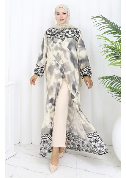 Boydan Düğmeli Viskon Elbise 0114-02 Gri