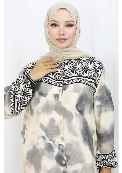 Boydan Düğmeli Viskon Elbise 0114-02 Gri modelleri