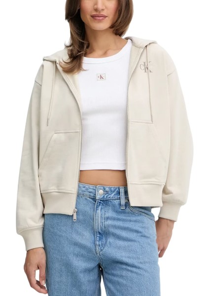 Kadın Boyfriend Fit Kapüşonlu Fermuarlı Sweatshirt - Krem