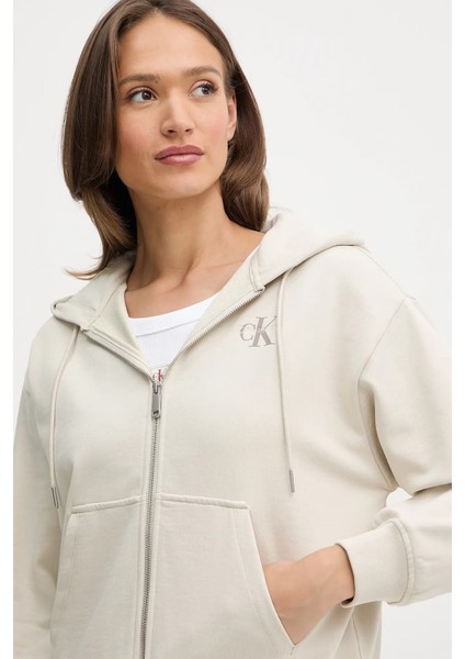Kadın Boyfriend Fit Kapüşonlu Fermuarlı Sweatshirt - Krem modelleri