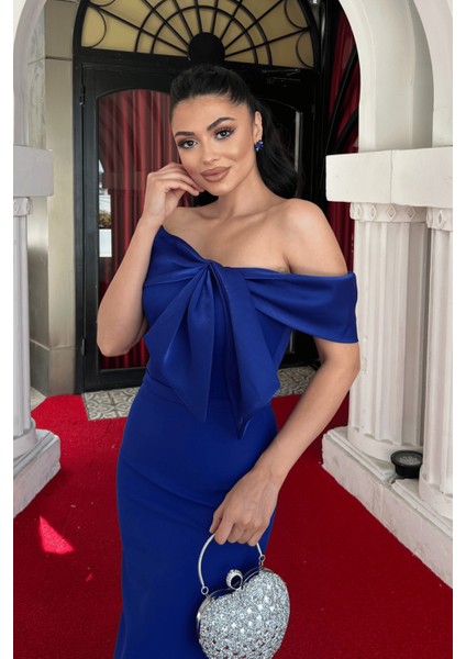 Atlas Kumaş Yakası Kurdale Detaylı Kalem Elbise - Saks Mavisi modelleri