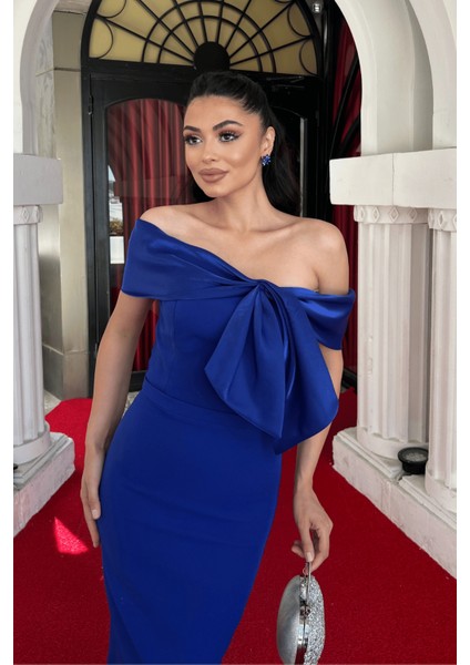 Atlas Kumaş Yakası Kurdale Detaylı Kalem Elbise - Saks Mavisi fırsatları