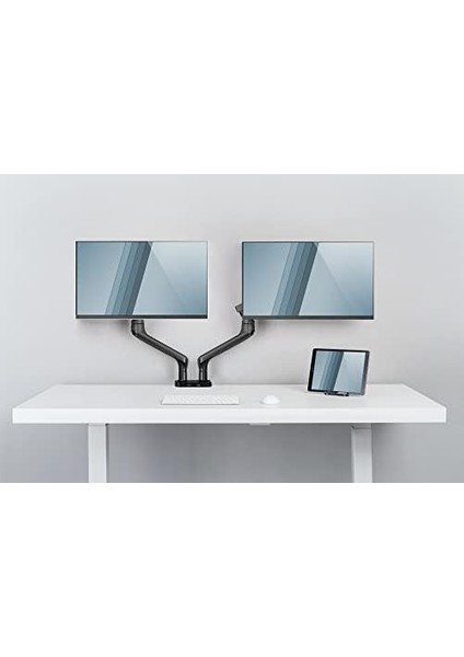 Monitör Tutucu, Masa Kelepçesi, Çift Montajlı, Gazlı Amortisör, Entegre USB Bağlantı Noktası, 32 Inçe Kadar, Uzay Grisi