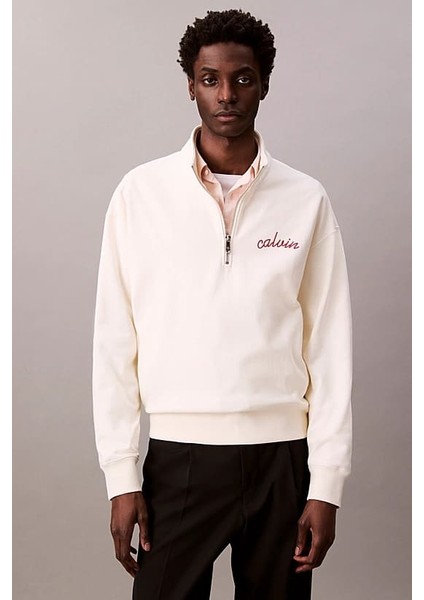 Erkek Yarım Fermuarlı Yazı Logolu Sweatshirt - Krem
