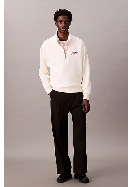 Erkek Yarım Fermuarlı Yazı Logolu Sweatshirt - Krem modelleri