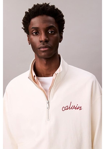 Erkek Yarım Fermuarlı Yazı Logolu Sweatshirt - Krem indirimleri