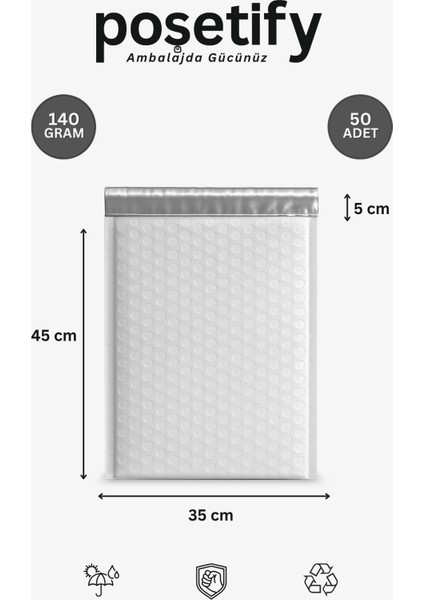 Balonlu Beyaz Kargo Poşeti 35X45+5 cm | 140 gr Bantlı Patpatlı Kargo Poşeti | 50’li E-Ticaret Poşeti