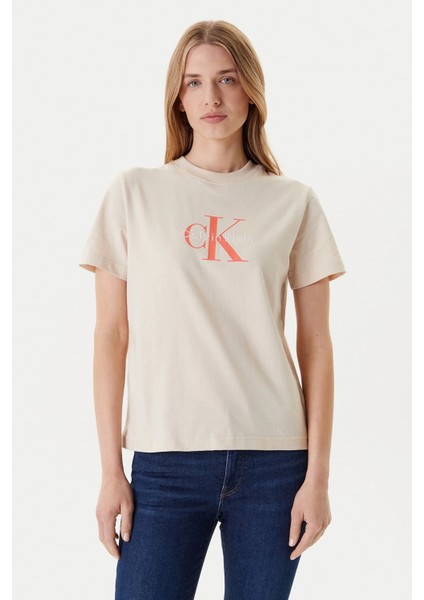 Kadın Monogram Logolu T-Shirt - Bej