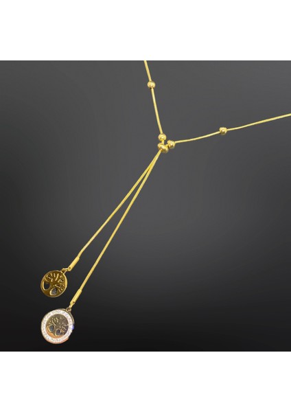 Gold Renk Ikili Hayat Ağacı Model 316 L Paslanmaz Çelik Özel Tasarım Çelik Kolye [KOD0854]