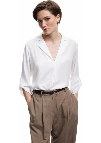 Ceket Yaka Katlama Detaylı 3/4 Kollu Saten Bluz