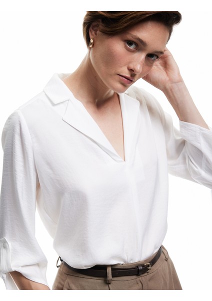 Ceket Yaka Katlama Detaylı 3/4 Kollu Saten Bluz fiyatları