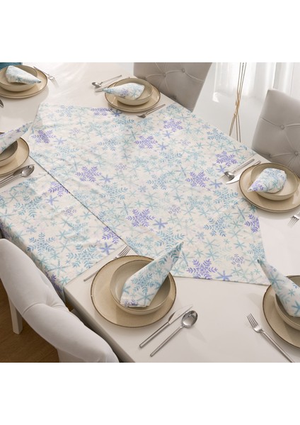 Mavi Kar Deseli 2 Parça Beyaz Sofra Sunum Seti 1 Adet Üçgen Runner 50x150 cm - 1 Adet Dikdörtgen Runner 50x150 cm