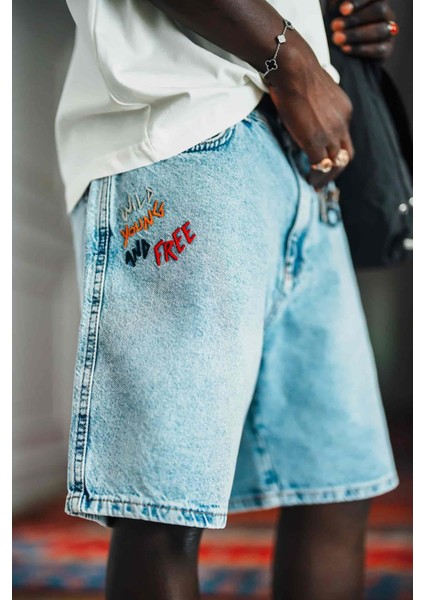 Erkek Slogan Işlemeli Baggy Jean Şort Mavi