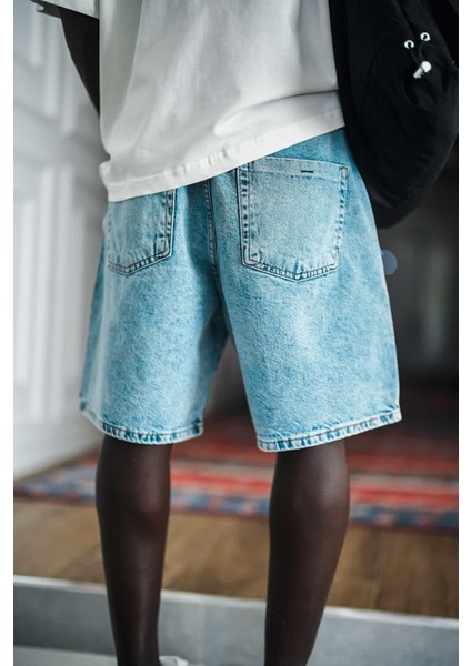 Erkek Slogan Işlemeli Baggy Jean Şort Mavi