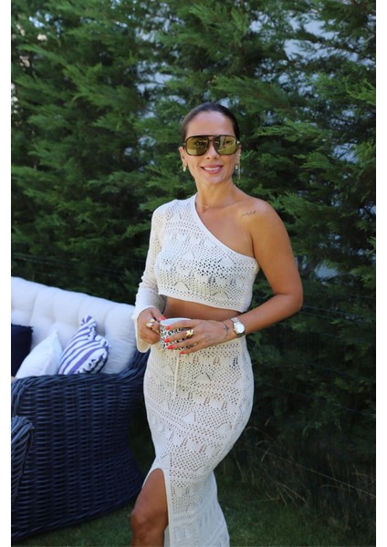 Tek Omuz Detay Triko Crop Etek Takım