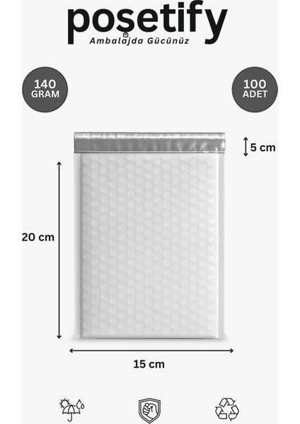 Balonlu Beyaz Kargo Poşeti 15X20+5 cm | 140 gr Bantlı Patpatlı Kargo Poşeti | 100’LÜ