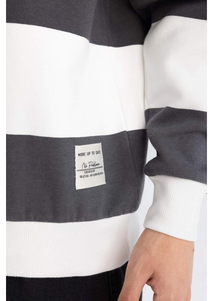 Antrasit Boxy Fit Bisiklet Yaka Çizgili Sweatshirt A9066AX24AU