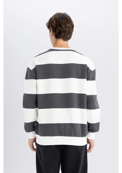 Antrasit Boxy Fit Bisiklet Yaka Çizgili Sweatshirt A9066AX24AU