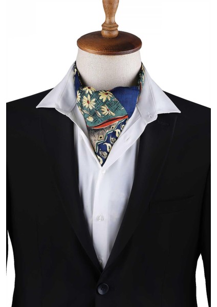 Mavi - Yeşil Motif Desen Erkek Ascot Fular K646