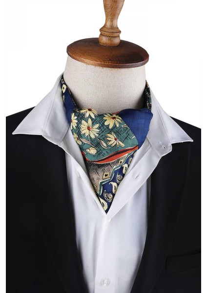 Mavi - Yeşil Motif Desen Erkek Ascot Fular K646 fiyatları