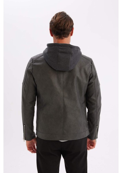 Antrasit Su İtici Slim Fit Dar Kesim Çıkarılabilir Kapüşonlu Fermuarlı Cepli Suni Deri Mont R2523AZ24WN