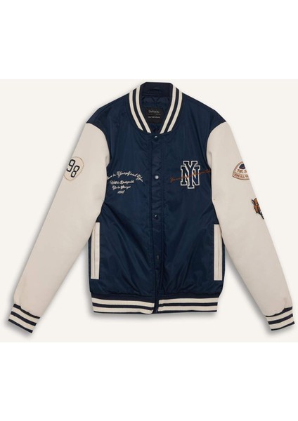 Su Geçirmez Bomber Mont Ceket Oversize Geniş Kalıp Kolej Yaka Çıtçıtlı Cepli Nakışlı Mevsimlik Hafif C5054AX24WN